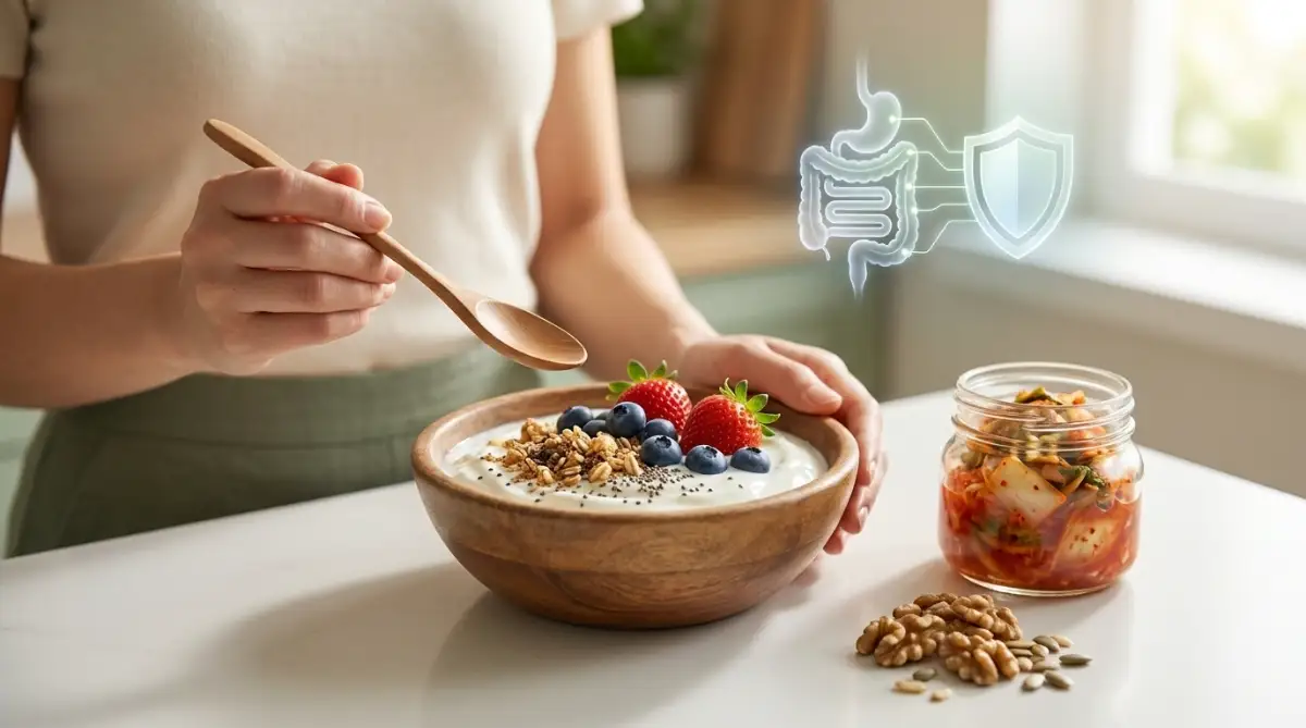 Probiotic yogurt bowl with fermented foods for gut and immune health.