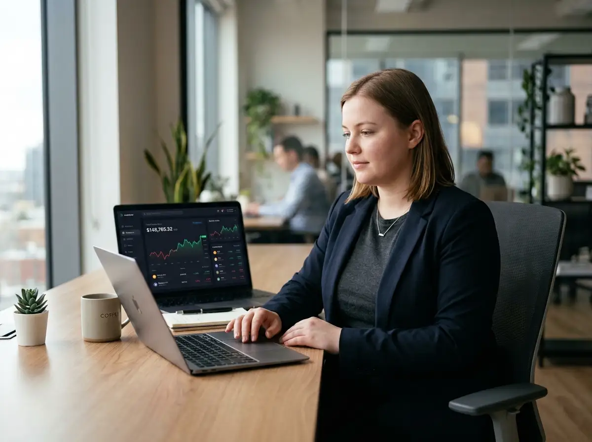 "Businesswoman analyzing cryptocurrency wallet balance and market charts on laptop at office desk."