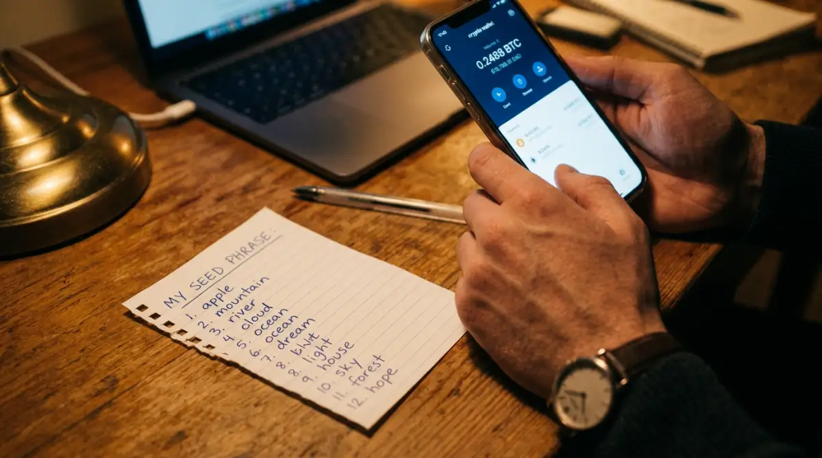 A hand holds a smartphone showing Bitcoin wallet balance next to an exposed handwritten seed phrase, highlighting a common beginner cryptocurrency storage mistake.