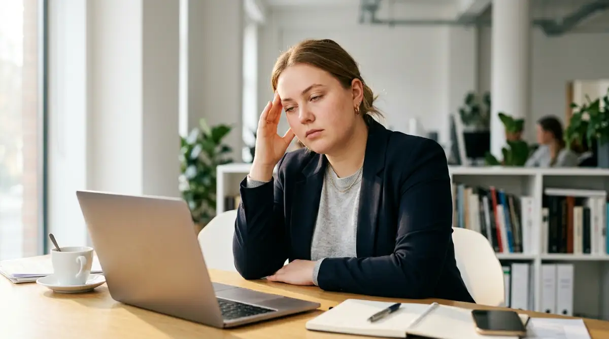 Tired professional woman pressing her temple at her office desk, showing signs of fatigue despite a good night's sleep.