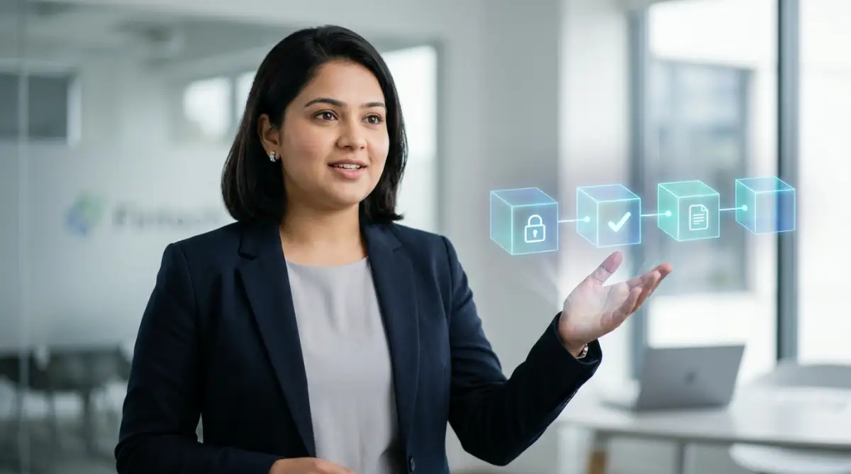 "A professional businesswoman in a navy blazer explains blockchain technology basics while gesturing toward a holographic display of interconnected glowing blocks representing security, verification, and digital documentation."