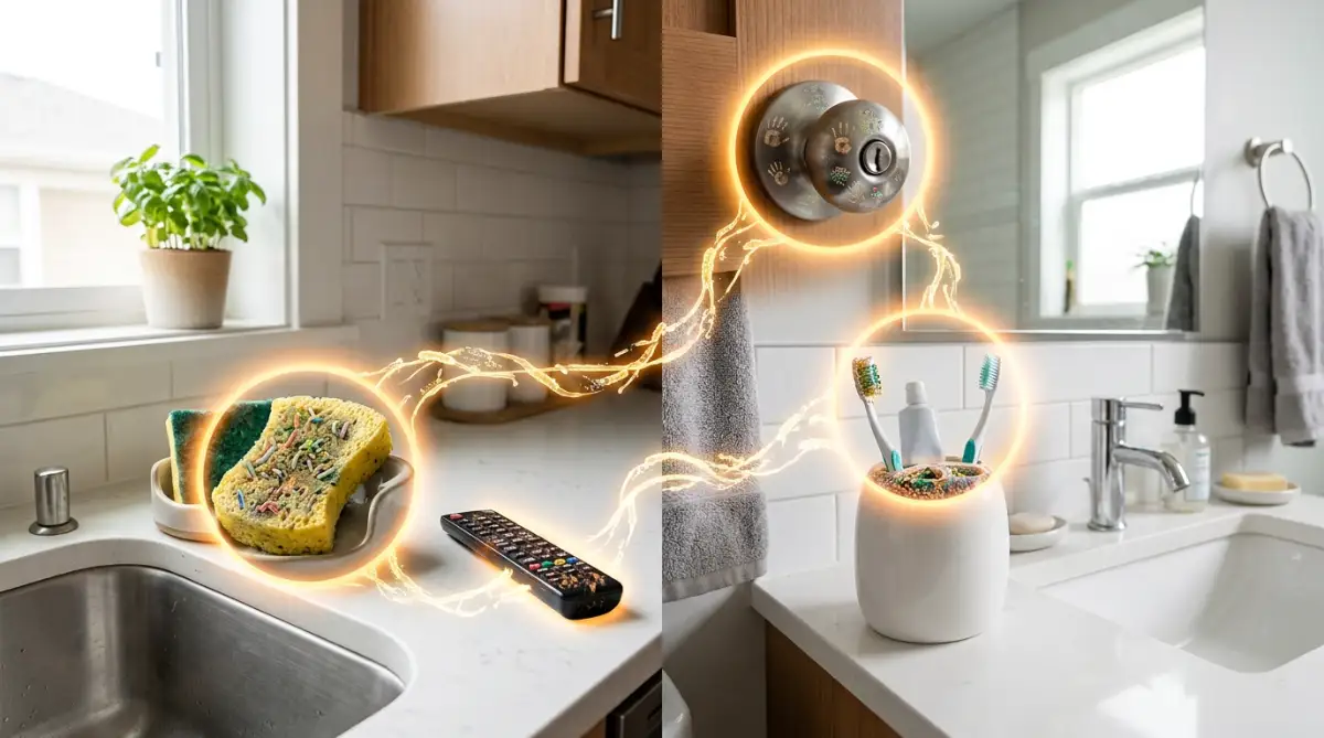 Highlighted germ hotspots in the home — kitchen sponge, remote control, doorknob, and toothbrush holder — showing common areas that harbor bacteria and are often missed during cleaning.