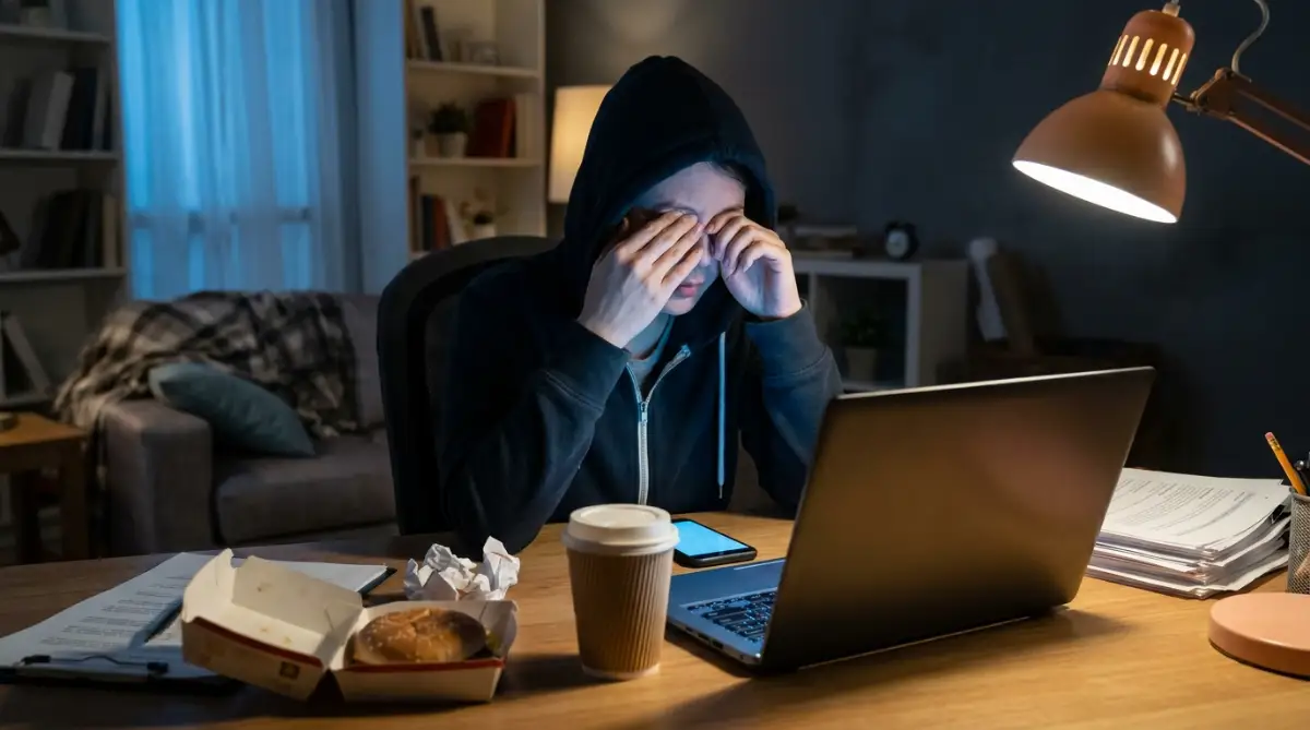 "Exhausted person in a hoodie rubbing tired eyes at a late-night desk with coffee, fast food, and a laptop — common mistakes that weaken your body's natural defenses."
