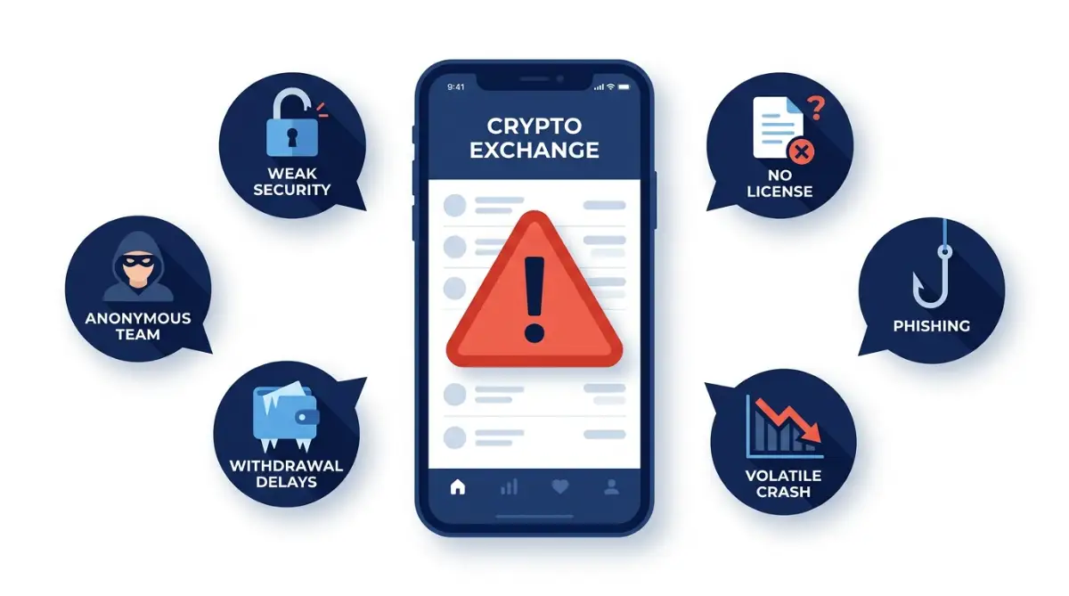 Infographic showing seven crypto exchange warning signs including weak security, anonymous team, withdrawal delays, no license, phishing, and volatile crash, with a smartphone displaying a red warning alert on a crypto exchange app.