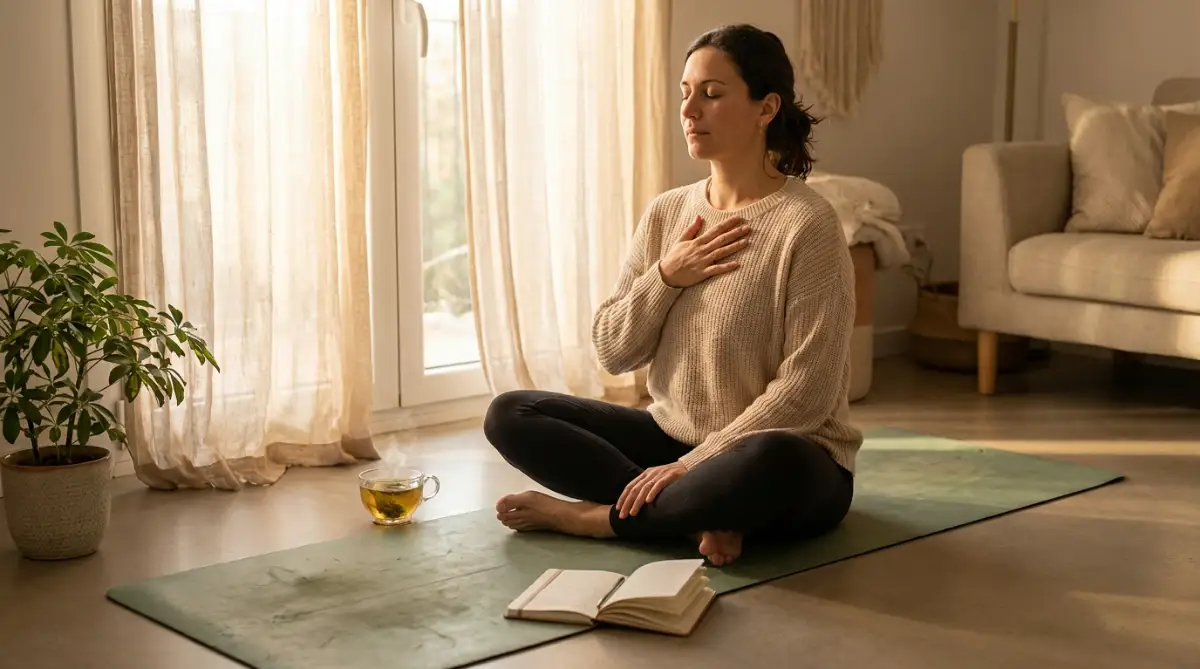 Woman practicing deep breathing meditation on a yoga mat at home, illustrating the connection between stress and physical health as part of a daily wellness routine."