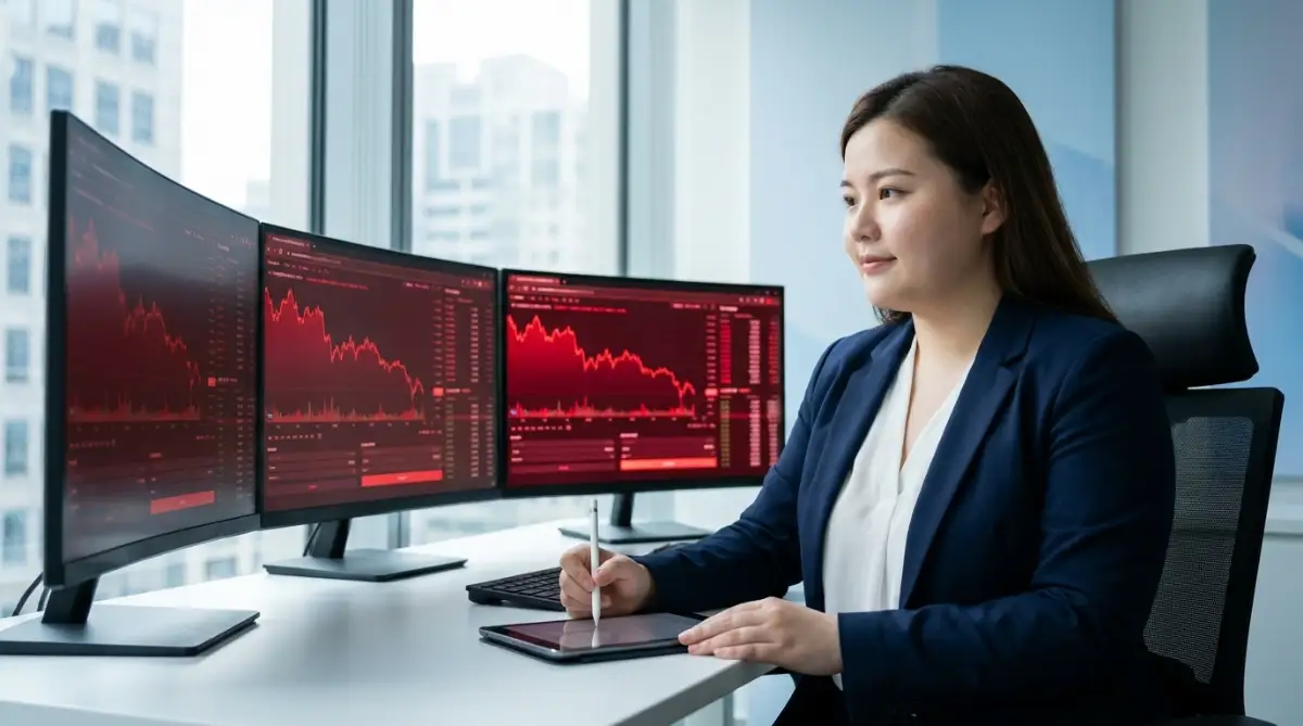 "Professional female financial analyst reviewing falling cryptocurrency market charts on triple monitors, illustrating how to survive during market crash with expert strategy."