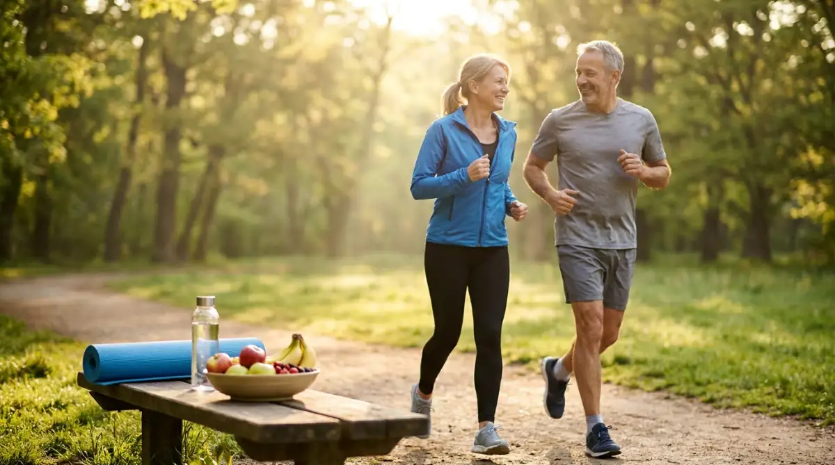 Smiling middle-aged couple jogging together on a sunlit park trail, with fresh fruits, water bottle, and a yoga mat on a nearby bench, representing simple lifestyle changes that help protect your heart naturally.