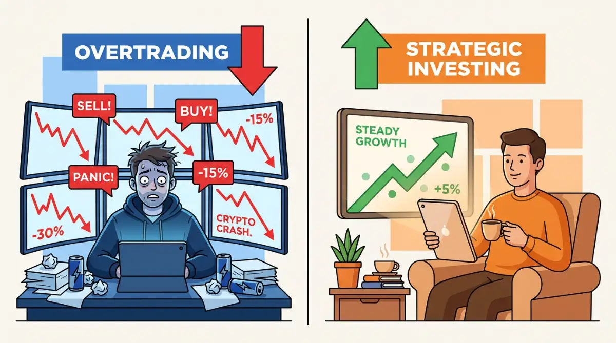 Overtrading vs strategic investing in crypto trading — panic-driven losses versus calm, steady portfolio growth."