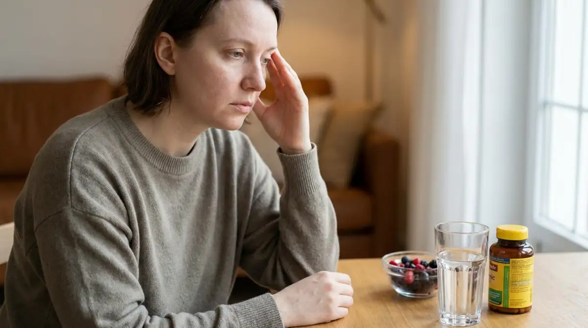 Woman experiencing vitamin deficiency fatigue symptoms with supplement bottle and healthy berries on table