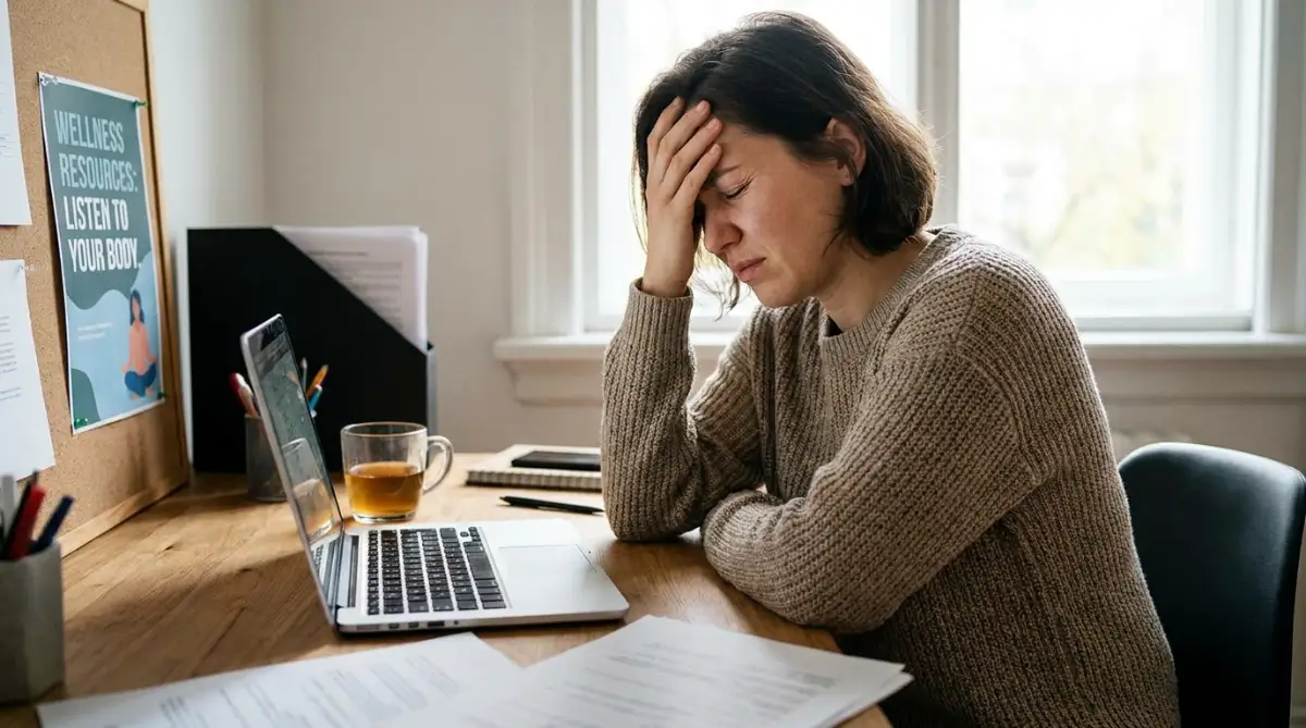 Tired woman with headache symptoms working at desk, showing signs of stress-related pain