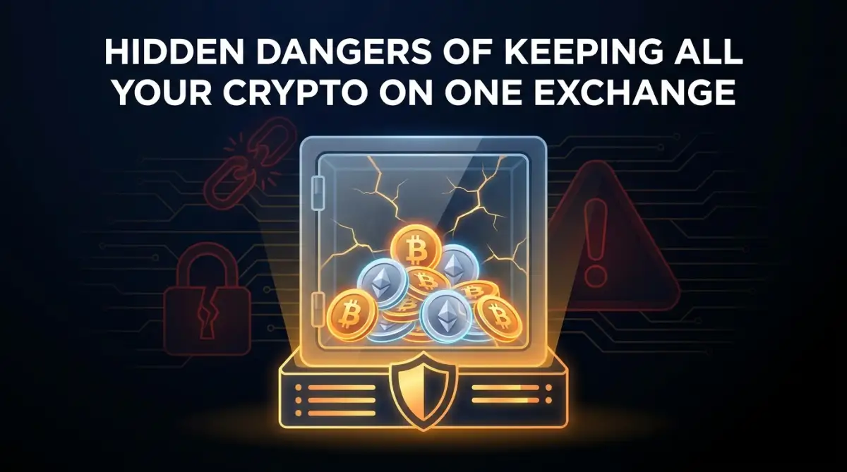 Cracked digital vault holding Bitcoin and Ethereum coins with a broken chain link, damaged padlock, and warning triangle symbolizing the hidden dangers of keeping all your crypto on one exchange.