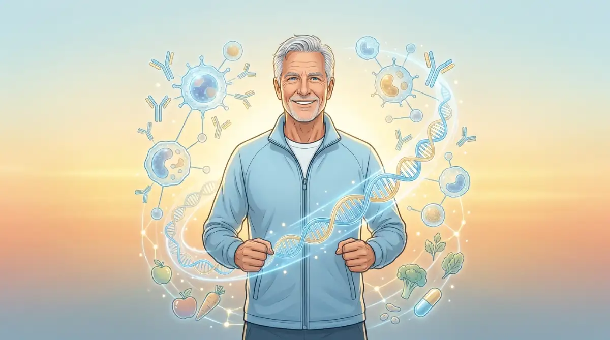 Smiling healthy senior man in blue jacket surrounded by illustrated immune cells, antibodies, and DNA strands, representing the science behind strong immunity and healthy aging.