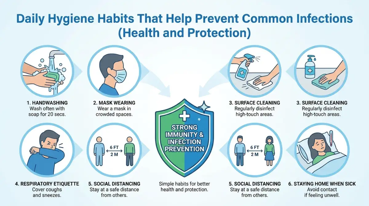 Daily hygiene habits infographic showing handwashing, mask wearing, disinfecting surfaces, and social distancing to prevent common infections and boost immunity.