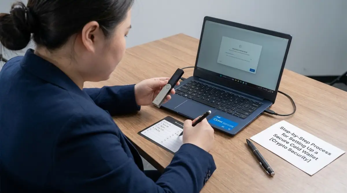 Woman setting up a secure cold wallet, connecting a hardware wallet device to a laptop and recording her recovery seed phrase.