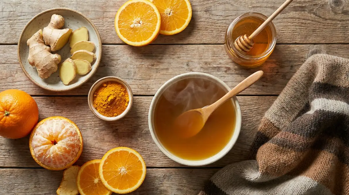 Ginger, turmeric, honey, and citrus fruits with warm herbal tea — natural remedies to support immunity during seasonal illness.