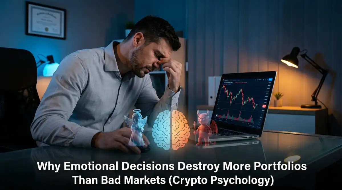 Stressed investor torn between emotion and logic while watching a crashing crypto chart — crypto psychology and emotional investing.
