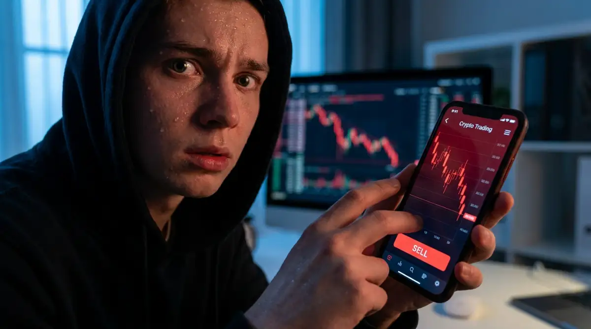 "Stressed investor about to panic sell crypto as his phone shows a sharp market crash — crypto psychology and panic selling.