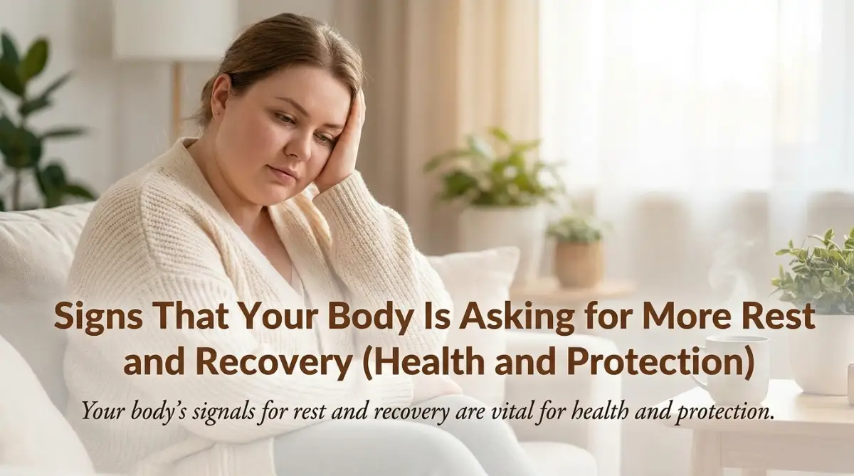 Woman looking exhausted at home, showing signs her body needs more rest and recovery for health and protection.