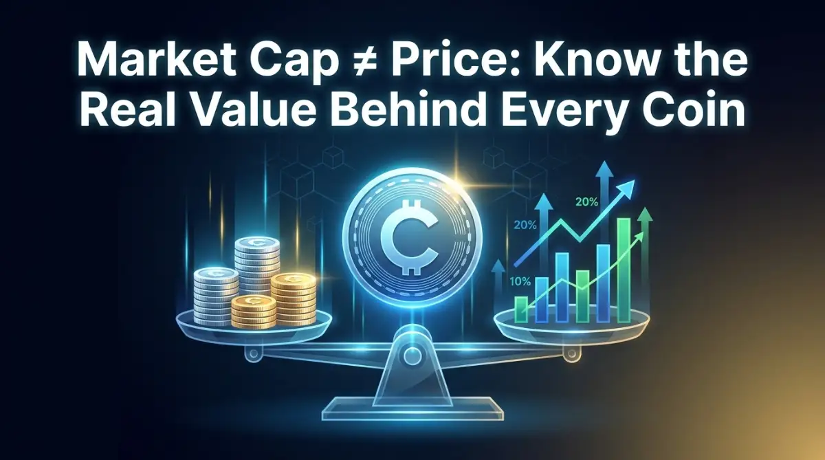 Market cap vs price comparison illustration with crypto coin balance scale and growth charts - decoding cryptocurrency valuation.