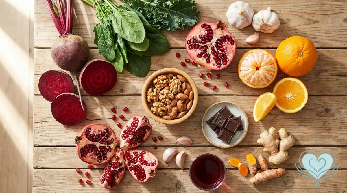 Foods for healthy blood circulation - beets, pomegranate, walnuts, citrus and ginger