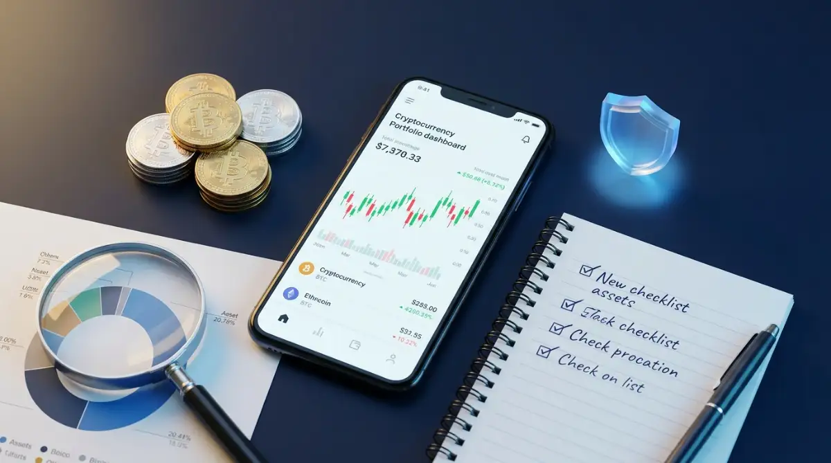 Cryptocurrency portfolio dashboard on smartphone with Bitcoin coins, security shield, and investment risk checklist for beginner crypto investors